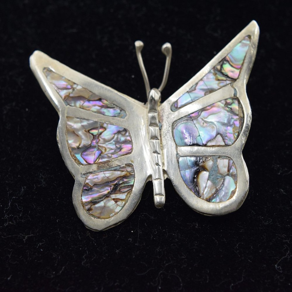 Vintage Alpaca Silver & Abalone Butterfly Brooch
